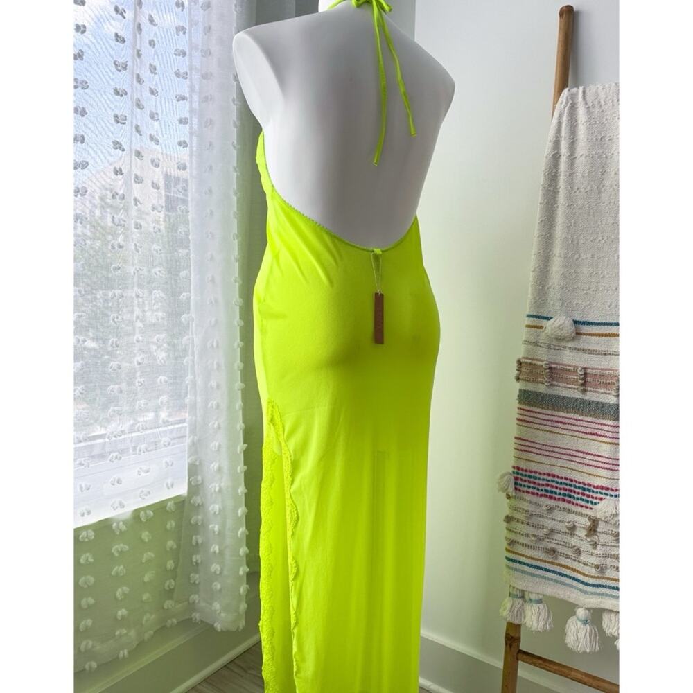 Skims Summer Mesh Lace Plunge Neon Green Highlighter Sleeveless Long Dress 2X - Picture 4 of 10
